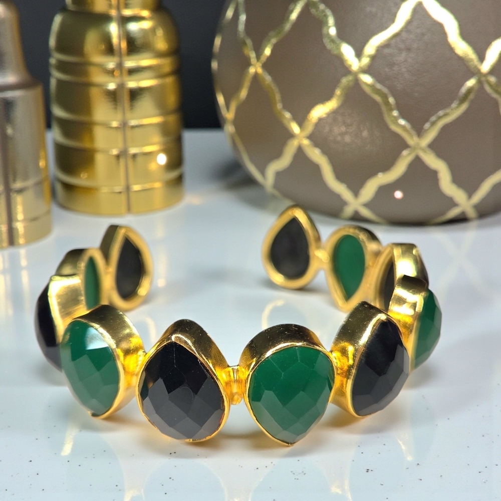 Luxury 22kt Gold Plated Chunky Onyx Emerald Bevel Cabochon Cuff Bangle Bracelet